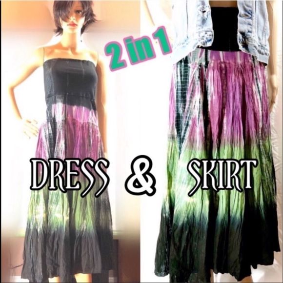 bisou²•boho combo maxi dress & skirt tie dye colorblock - Picture 2 of 5